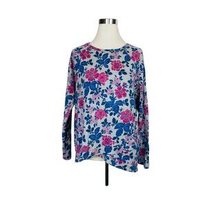 Loft Sweater Women L large Gray Pink 100% Cotton scoop Neck Casual asymmetrical